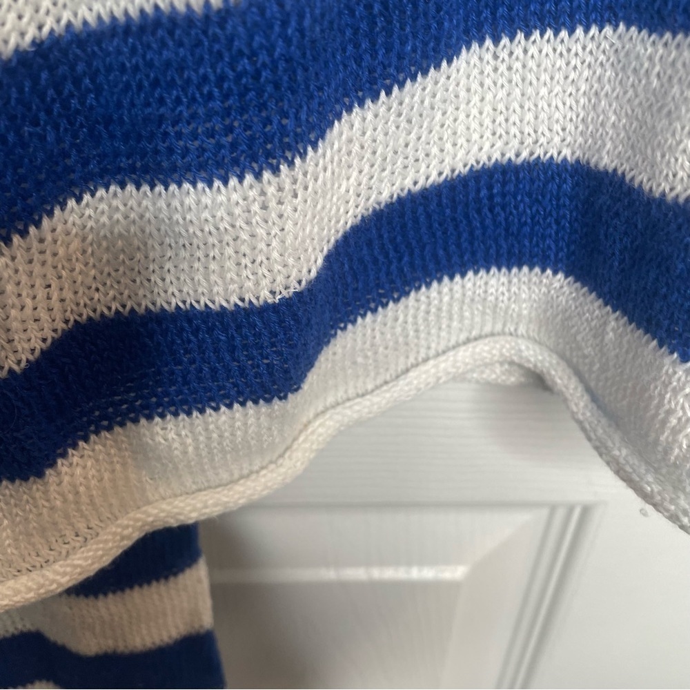 Madewell Linen V-Neck Sweater Beach Vacation Preppy in Sapphire Blue Stripe 2X - Picture 11 of 14